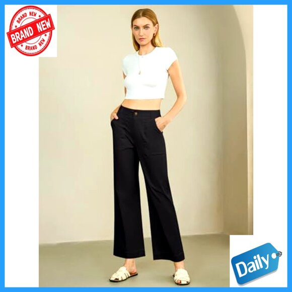 High Waisted Wide Leg Cropped Pants, Stretch Cotton Blend, Casual Office Wear - Picture 6 of 7